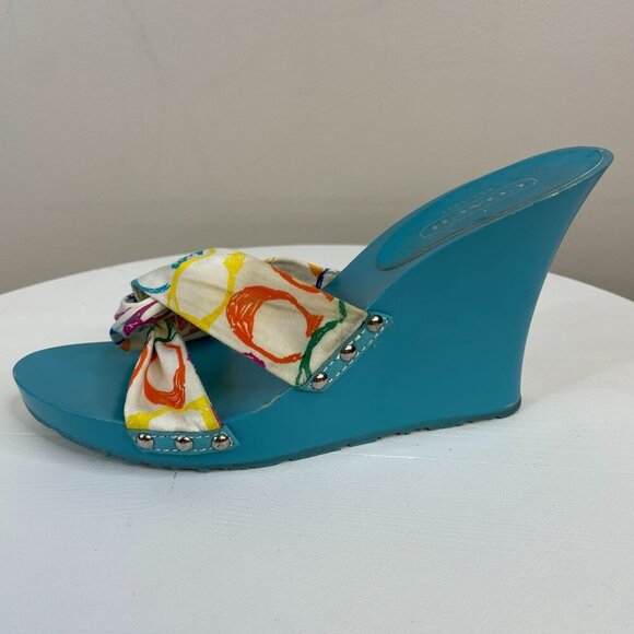 Coach Wedge Sandals Womens 8 Blue Slip On Fabric Studded VINTAGE *Read* - Picture 5 of 15